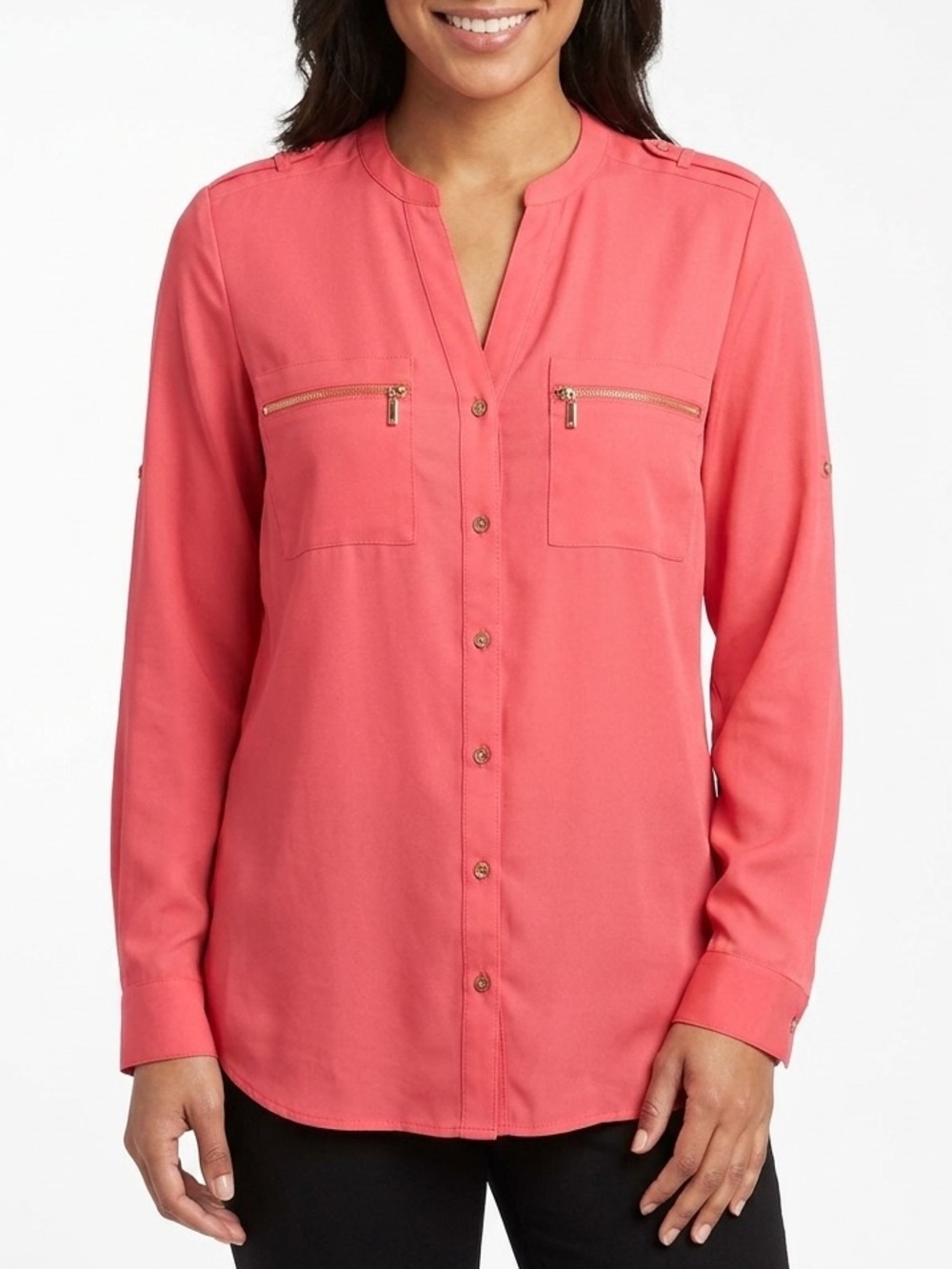 Calvin Klein Womens Roll Tab Sleeve Button Up Shirt, Hot Pink, Size Medium